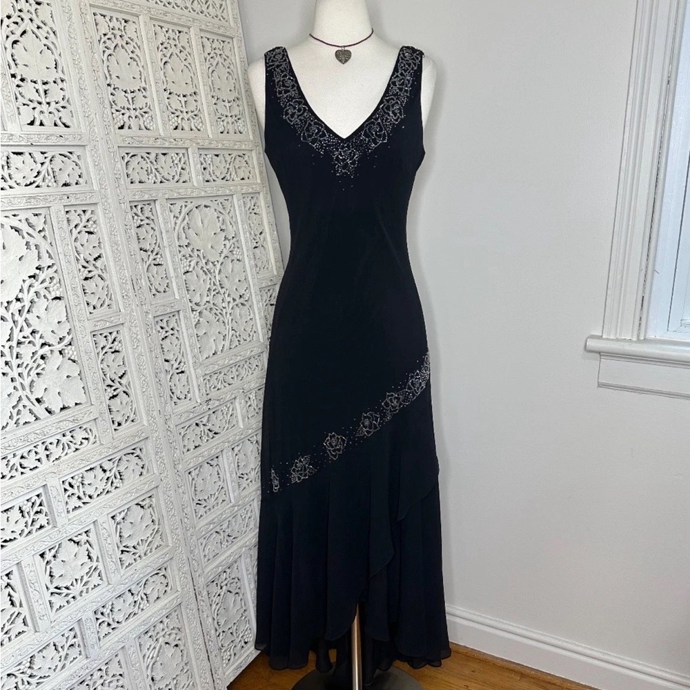 Alex Evenings Black Asymmetrical Dress with Silver Accents
